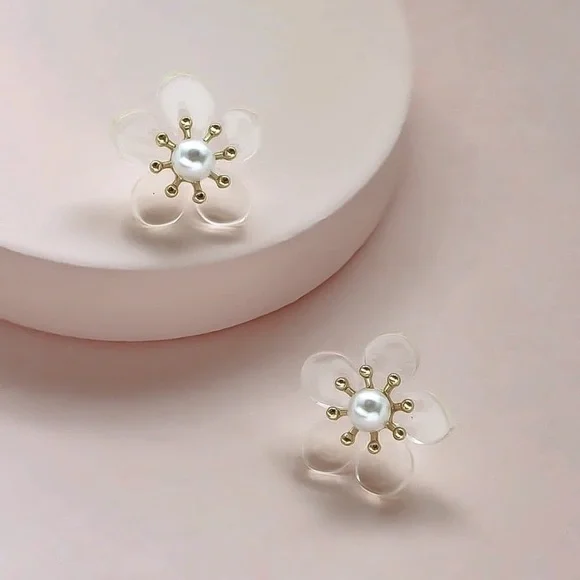 Any 4/$25! Translucent Flower Pearl Stud Earrings - Picture 7 of 10